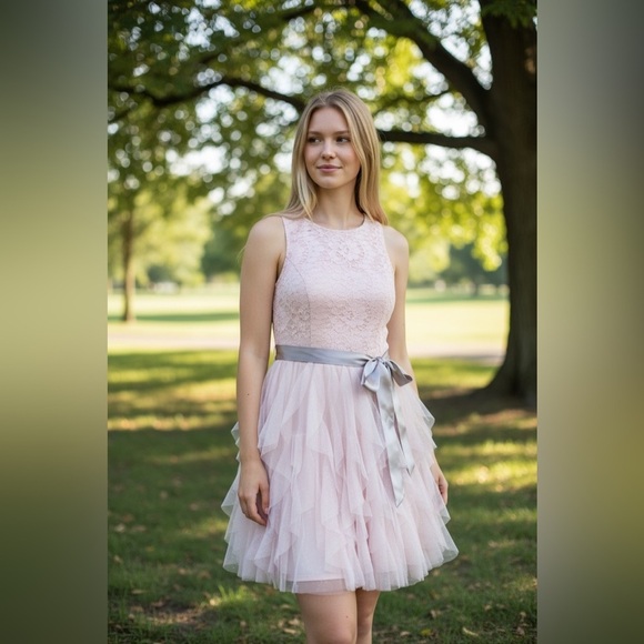 le chateau Dresses & Skirts - Le Chateau Junior Size 11 Pink Lace Dress with Mesh Skirt-Silver Sash-Lined